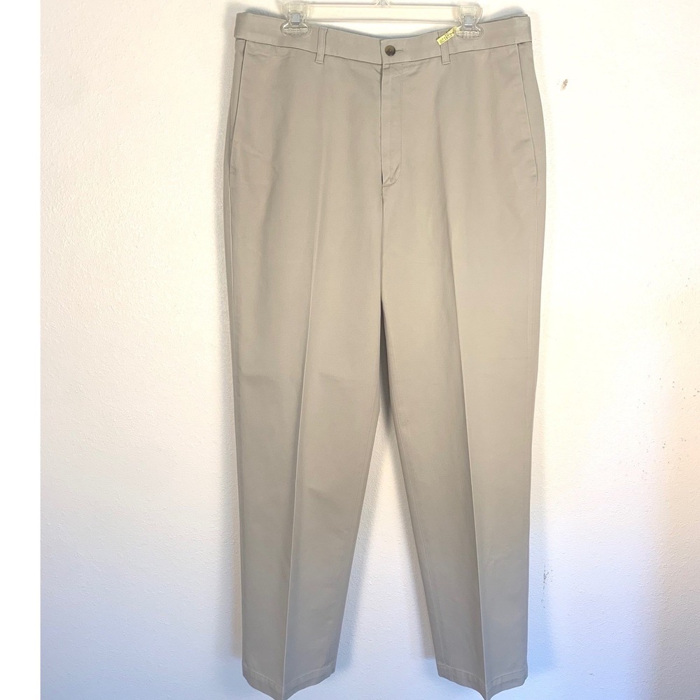 Haggar Mens Dress Pants 36x32 Khaki Flat Front Expandable Waist Cotton
